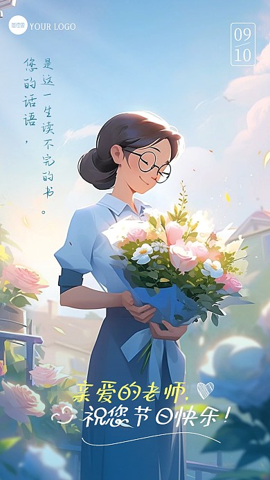 教师节快乐祝福问候插画风手机海报