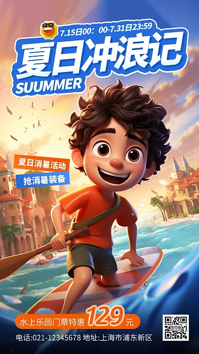 卡通夏日水上乐园门票优惠活动产品手机海报