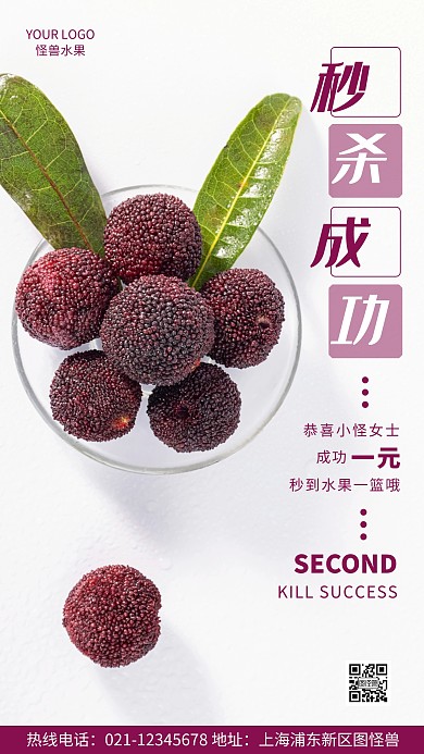 恭喜秒杀成功紫色宣传简约风摄影图海报