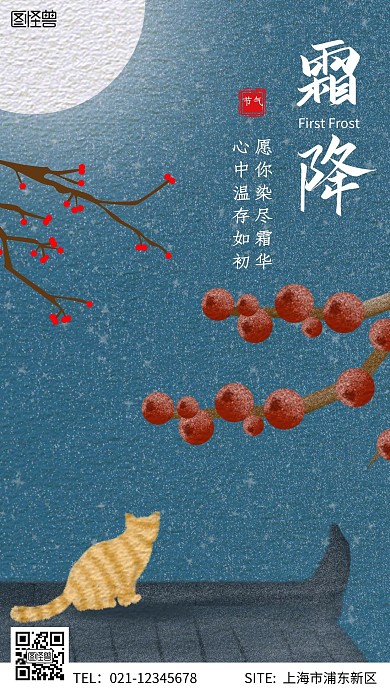 插画风简约创意霜降节气手机海报