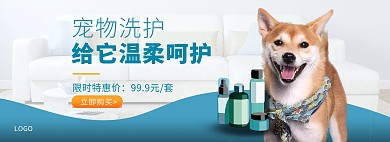 蓝色宠物洗护促销简约电商全屏海报