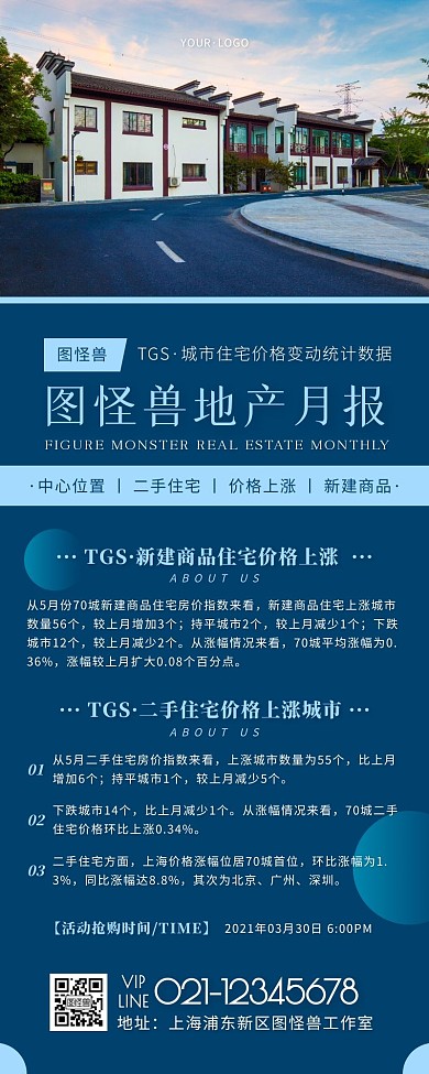 房地产月报蓝色简约风宣传营销长图