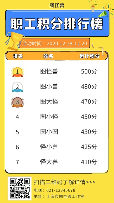 职工积分排行榜黄色简约大气手机海报