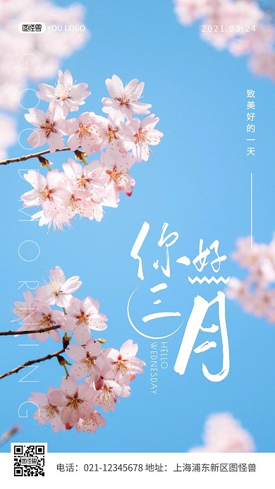 简约摄影粉色唯美三月早安星期三樱花季日签