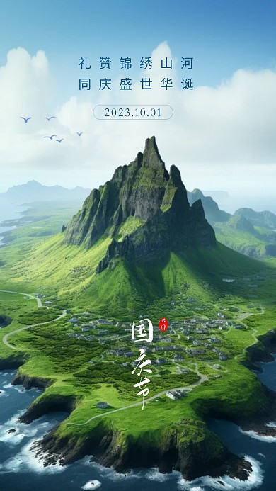 简约大气摄影风国庆节祝福问候创意风景海报