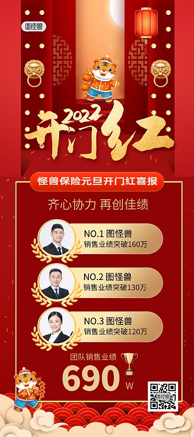 2022虎年元旦保险开门红喜报印刷展架|