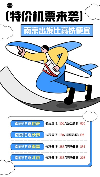 南京特惠机票创意描边海报