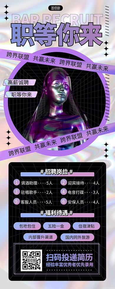 酸性炫酷风酒吧招聘员工易拉宝