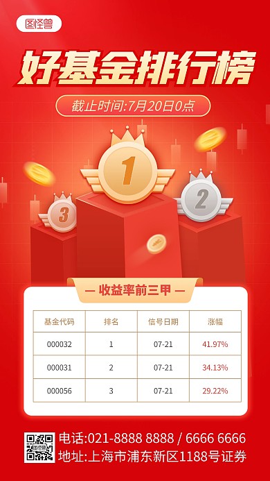 红色简约基金收益排行榜喜报手机海报