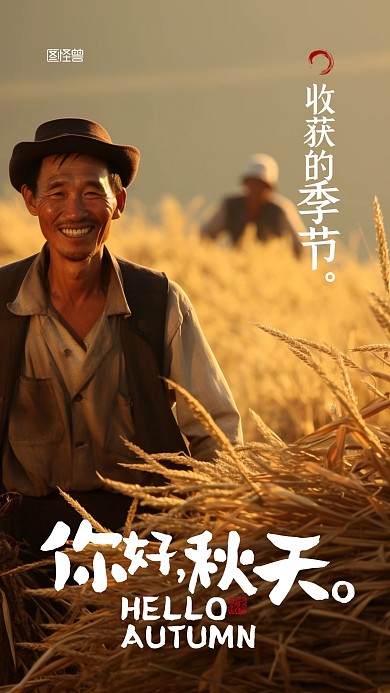 你好秋天摄影图收获稻谷小麦AIGC海报