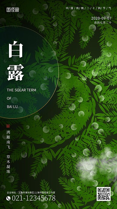 白露传统节气绿色简约风手机海报