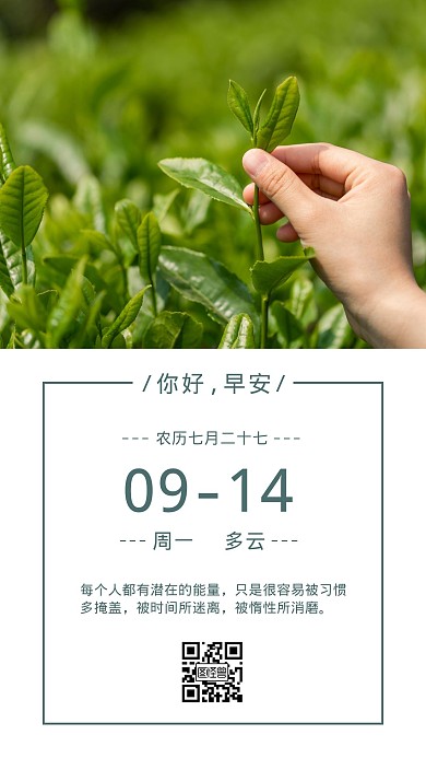 绿色健康茶叶小清新简约签到日签海报