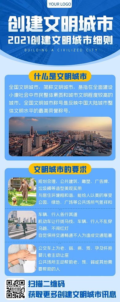 蓝色创建文明城市要求细则图解规划长图