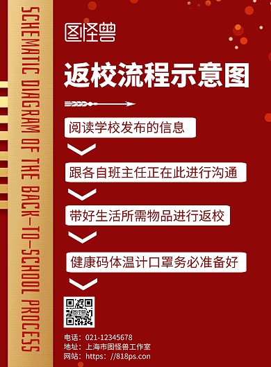 红色简约背景返校流程海报