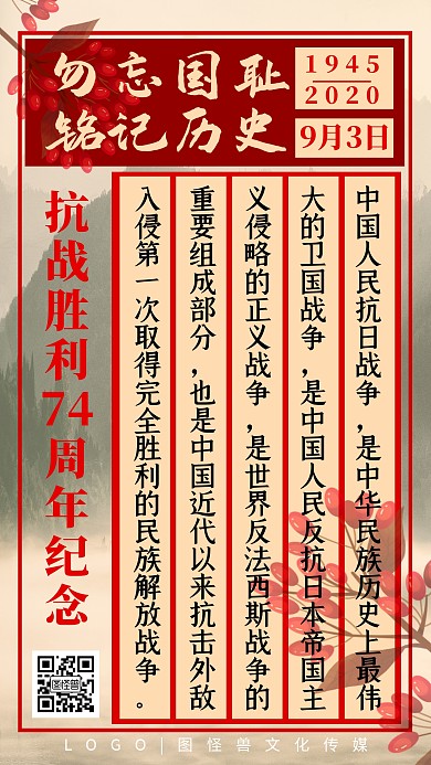 抗日战争胜利74周年纪念报纸手机海报
