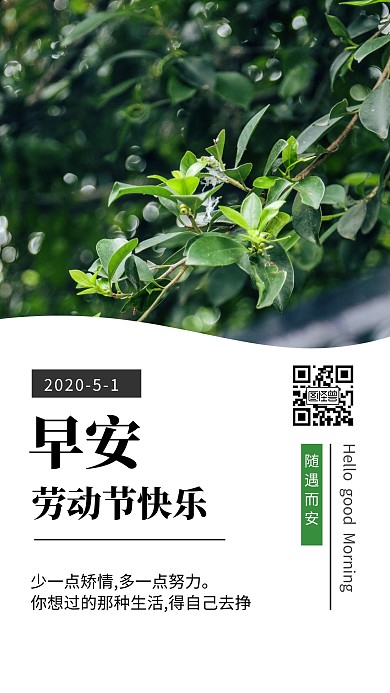 五一劳动节绿叶简约早安日签