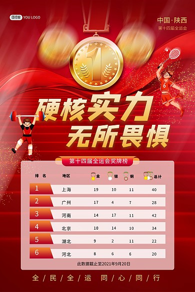 第十四届全运会奖牌榜排名红色印刷海报