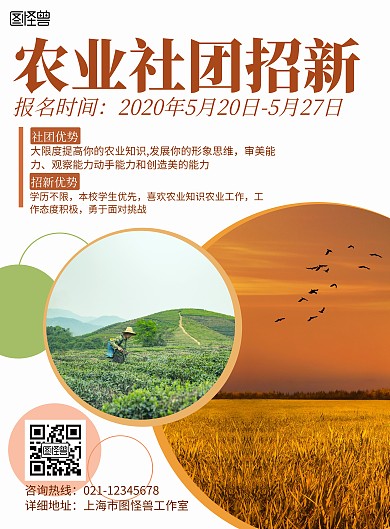 2020创意简约几何橙色农业社团招新海报