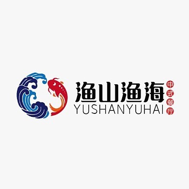 简约中国风圆红鱼山鱼海中式餐厅logo