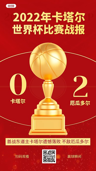 红色卡塔尔世界杯战报喜报通报3D海报