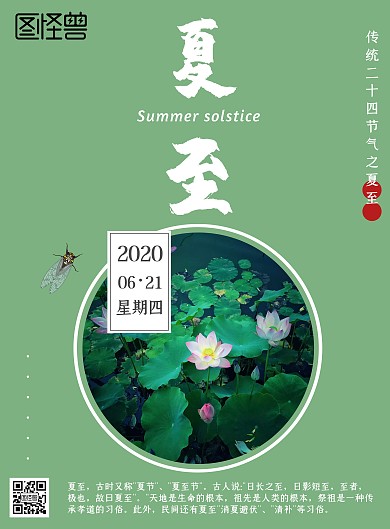 夏至蝉荷花简约绿色节气宣传海报