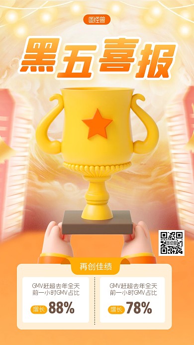 橙色简约风黑五喜报战报3D海报