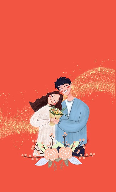 情侣恩爱花朵婚礼卡通风红色红包