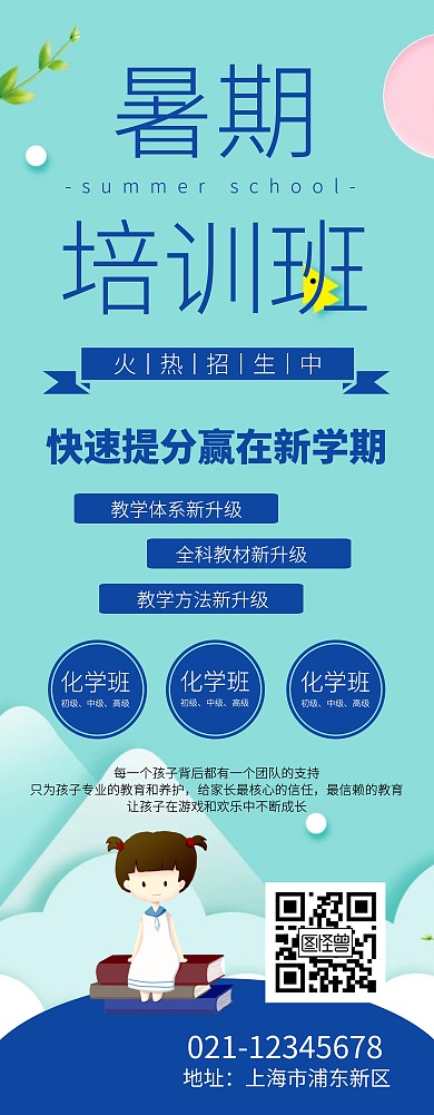 扁平蓝色大气暑期培训班招生易拉宝