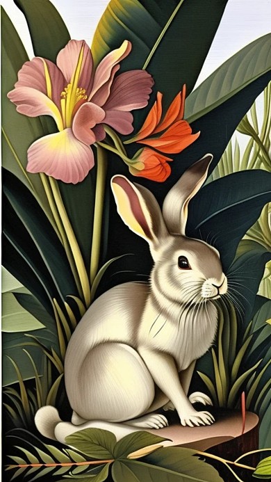十二生肖被植物围绕的动物兔子AI数字作品