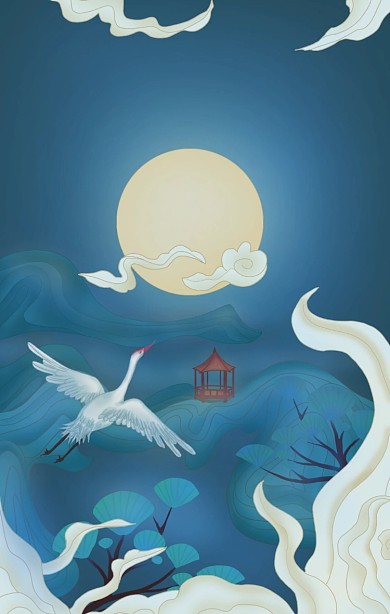 扁平风简约仙鹤远山背景