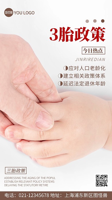 摄影图三胎政策褐色简约风手机海报