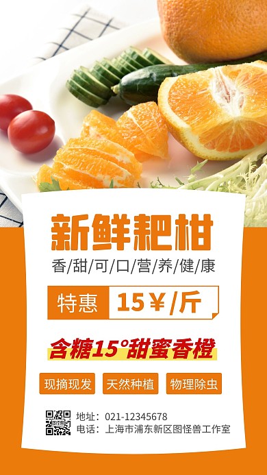 简约大气创意橙色几何耙耙柑手机海报