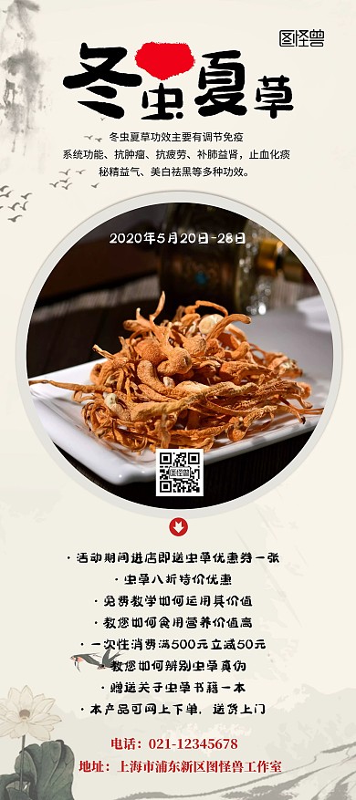 虫草古风冬虫夏草促销优惠活动简约展架