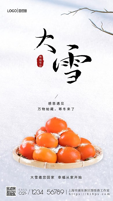 大雪二十四节气柿子水果摄影图海报