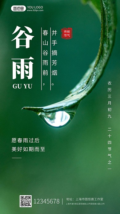 谷雨节气习俗介绍简约白色节气手机海报