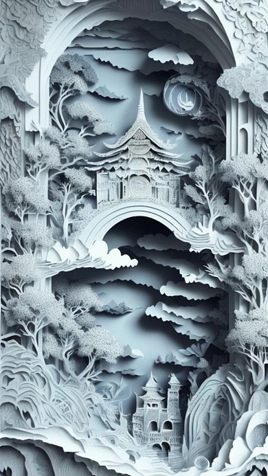 剪纸风建筑物艺术创意AI作品数字插画