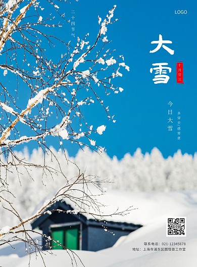 大雪节气祝福简约下雪二十四节气竖版海报