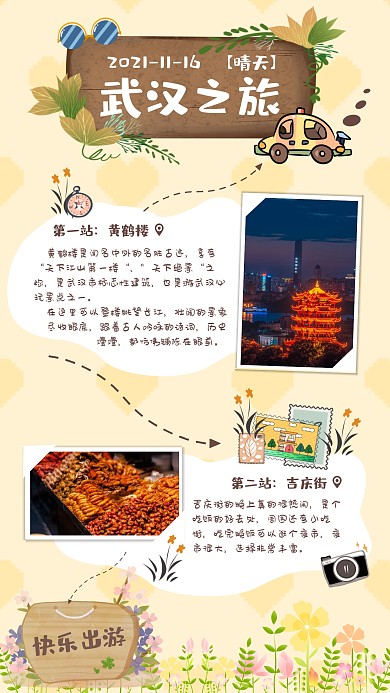 武汉旅游路线卡通小清新手机手账