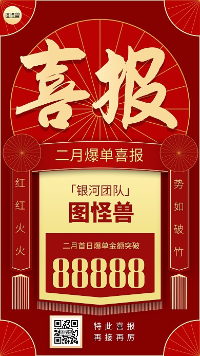 喜报战报贺报业绩汇报卡片红色简约手机海报