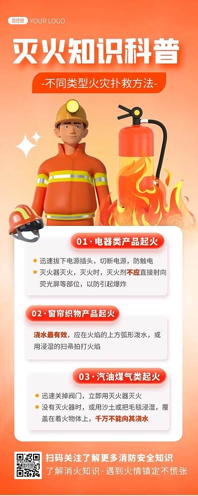 不同类型火灾扑救方法科普创意3D长图