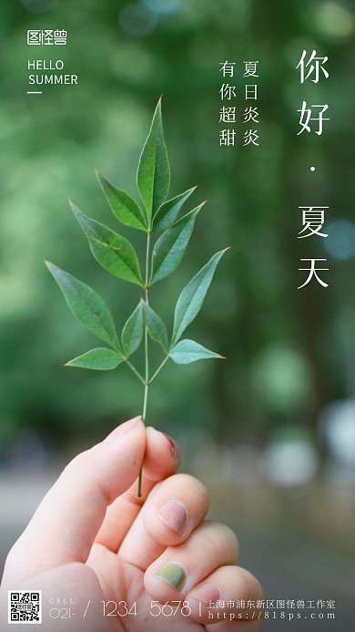 你好夏天树叶绿色白色简约风摄影图海报