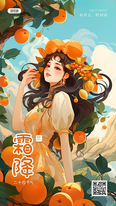 霜降节气问候祝福插画风AIGC手机海报