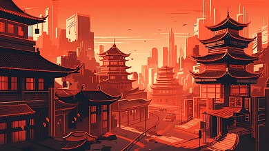 卡通风格横板插画风城市建筑古建筑手机海报背景