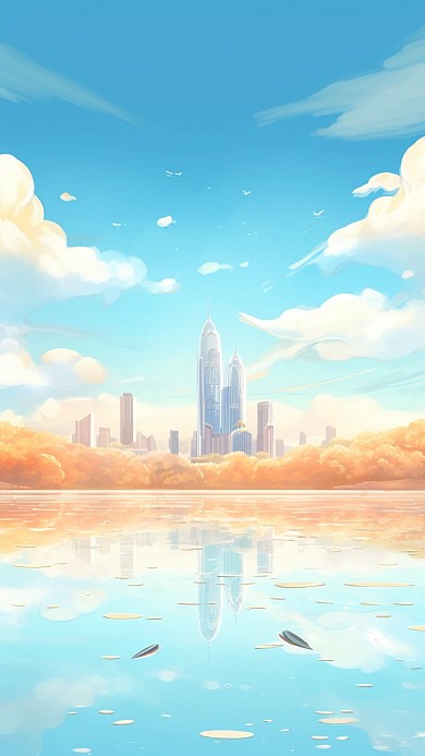 城市湖面掠影插画