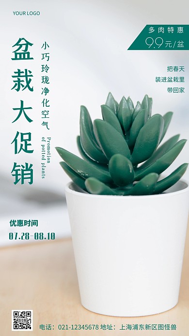 摄影图盆栽促销绿色简约风手机海报