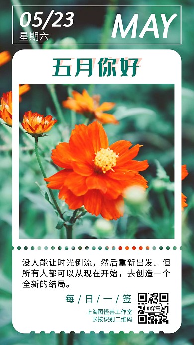 五月你好花朵景色绿色日签