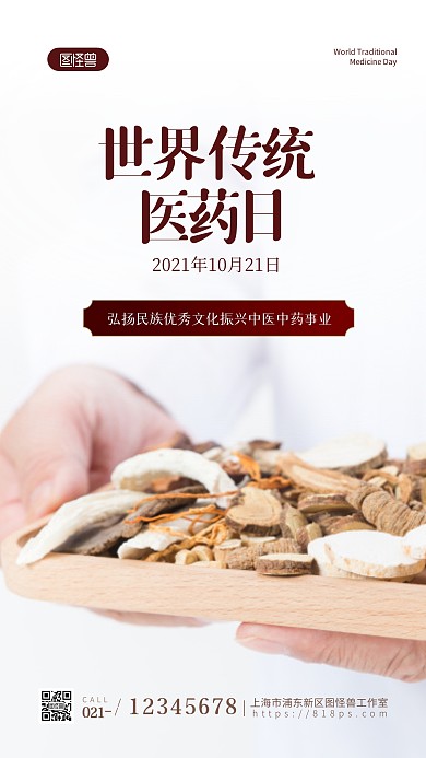 简约大气白色创意世界传统医药日摄影图海报