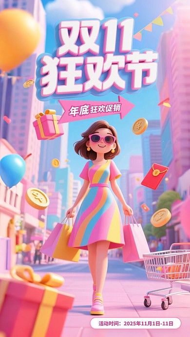3D立体双11购物电商全屏海报