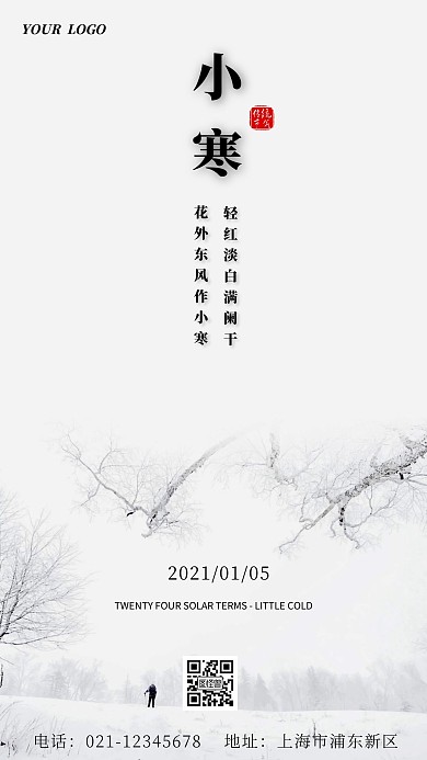 白色系小寒节气海报简约摄影图手机海报