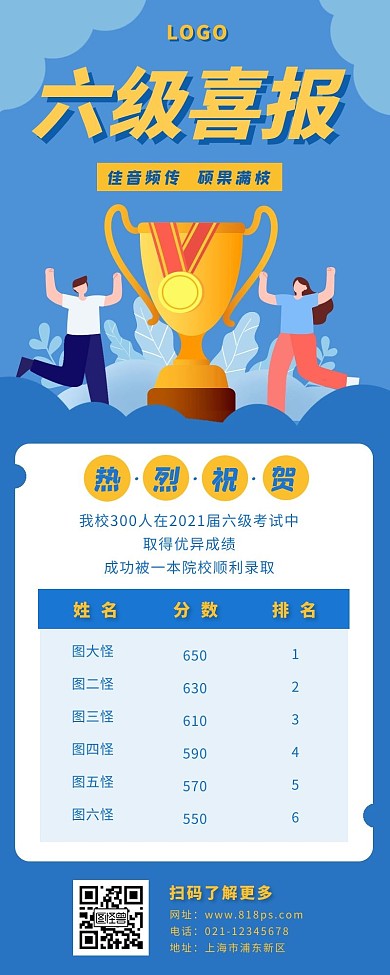 考级喜报长图蓝色扁平简约奖杯